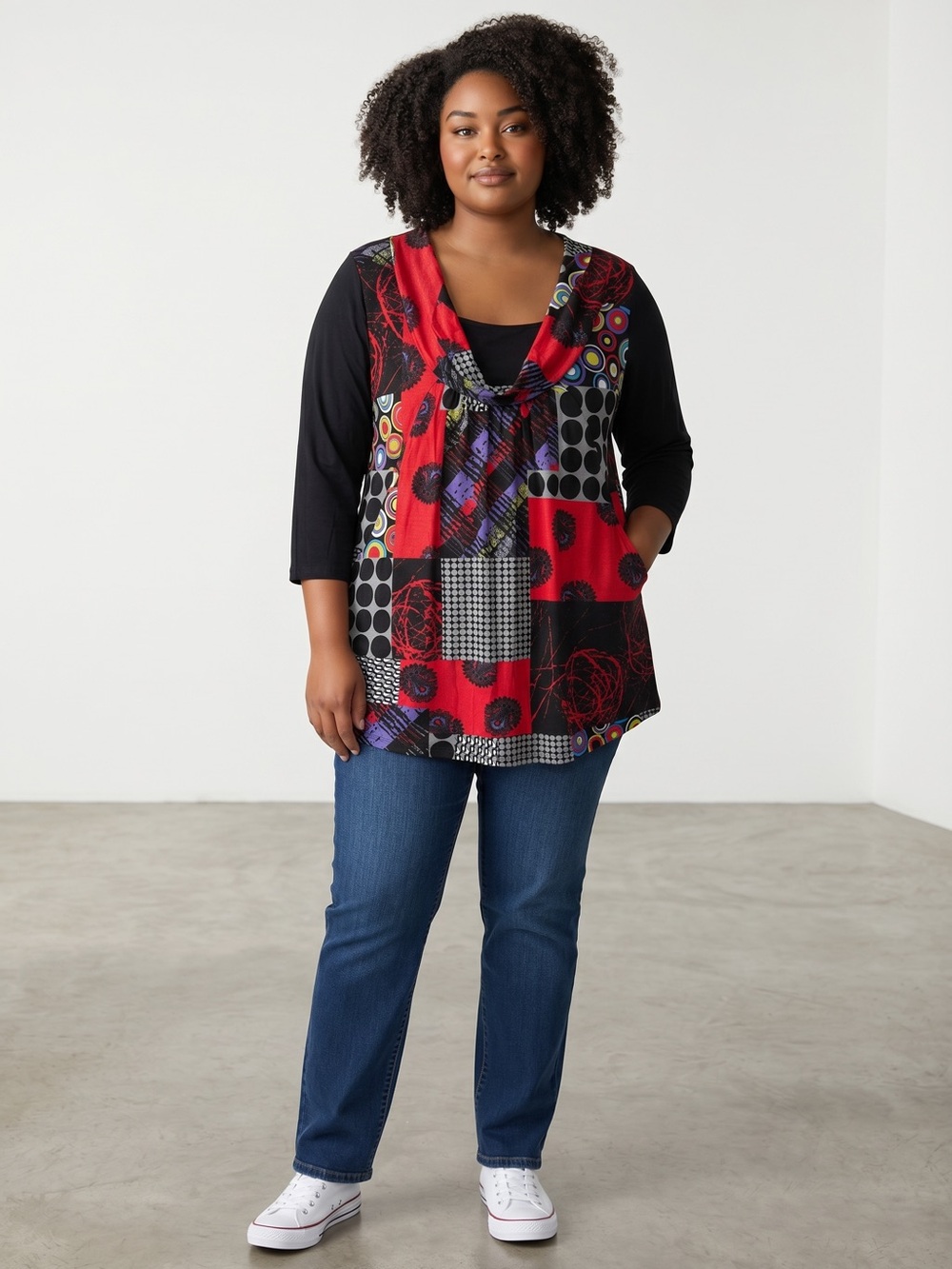 La Redoute Patchwork 3/4 Sleeve Rayon Tunic Top with Cowl Neck Size 2X